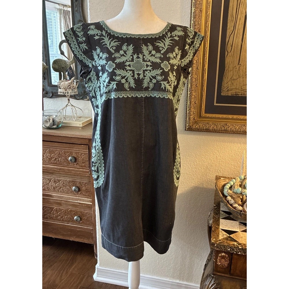 Ivy Jane Size XS Denim Embroidered Dress Cap Sleeves Pockets Black W/Turquoise